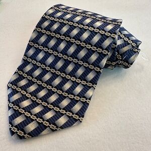 Alexander Lloyd Men's XL Silk Tie Blue Silver Geometric Woven Made in USA 64"